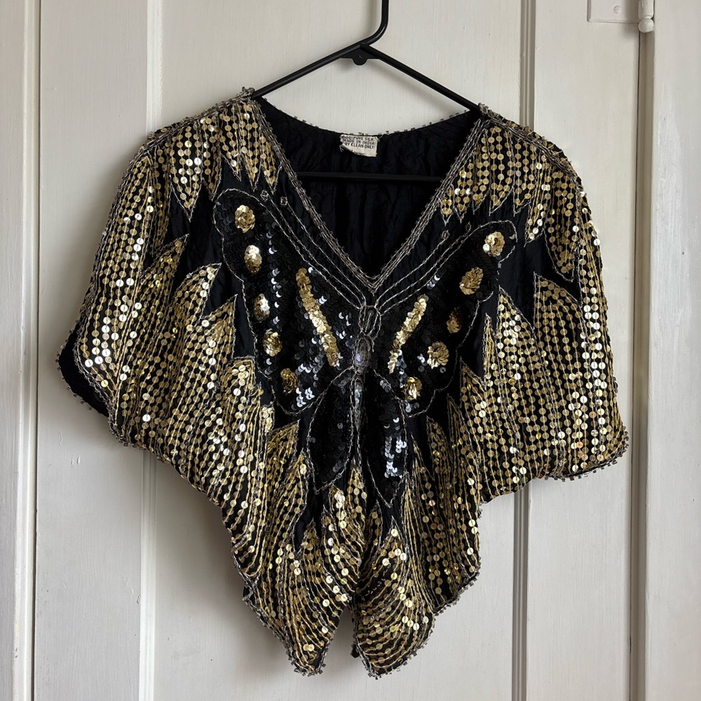 Vintage 100% Silk Sequin Embellished Black and Gold Women's Top